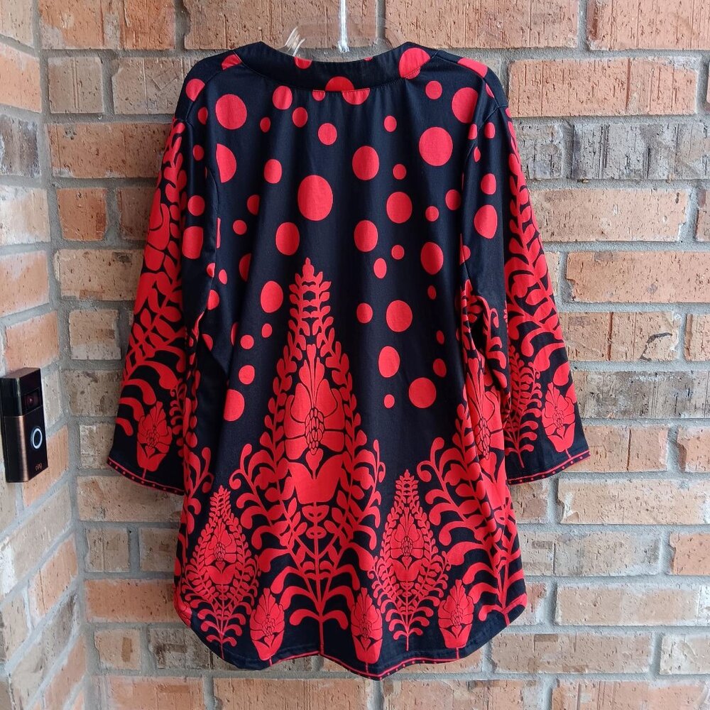 Womens Top Blouse Tunic 3/4 Sleeves Front Pintucks Red Black Size 2XL - Picture 8 of 9